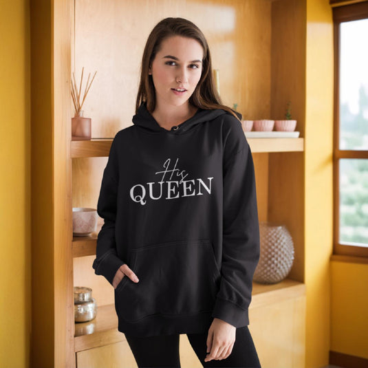 Matching  "His Queen" Unisex Hoodies – Modern Couple’s Typography Pullovers – Premium Fleece Anniversary & Valentine’s Sweatshirts