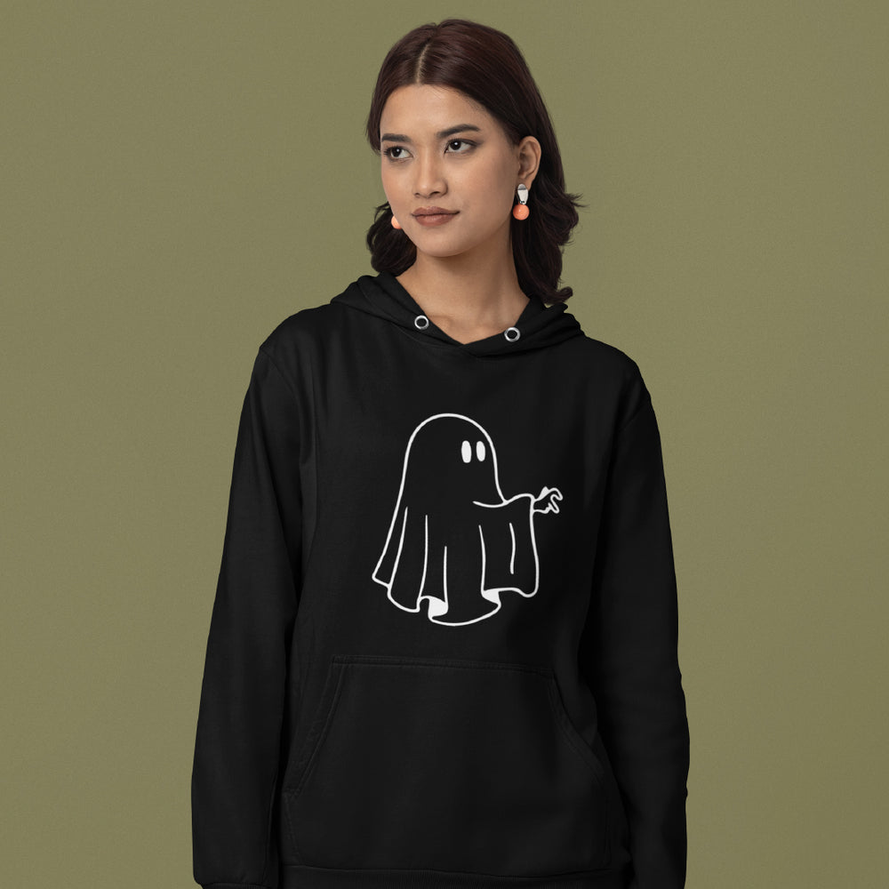 Unisex Cartoon Ghost Hoodie – Minimalist Spooky Graphic Pullover – Soft Fleece Friendly Ghost Sweatshirt – Trendy Fall & Halloween Streetwear