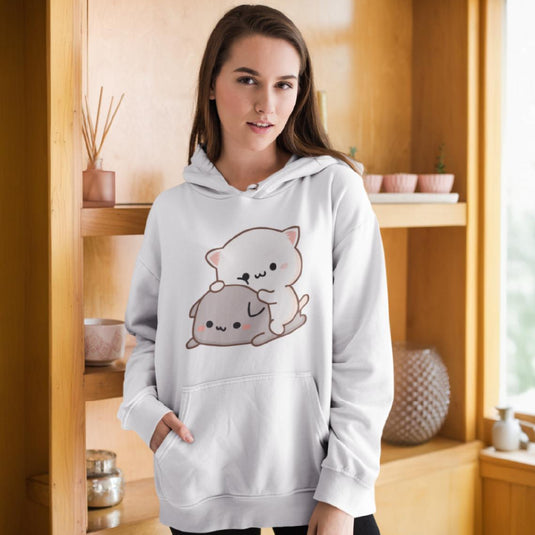 Gildan 18500 | Unisex Peach & Goma Funny Hoodie – Cute Mochi Peach Cat Graphic Pullover – Kawaii Mocha & Milk Lovers Sweatshirt – Soft Fleece Cartoon Couple Hoodie