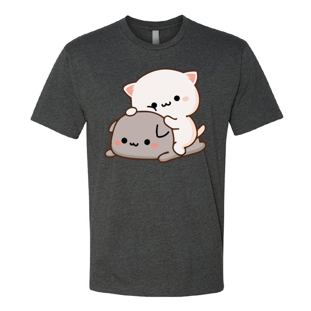 Men’s Peach & Goma Funny T-Shirt – Cute Mochi Peach Cat Graphic Tee – Mocha & Milk Lovers Shirt for Men – Premium Cotton Funny Cartoon Couple Tee