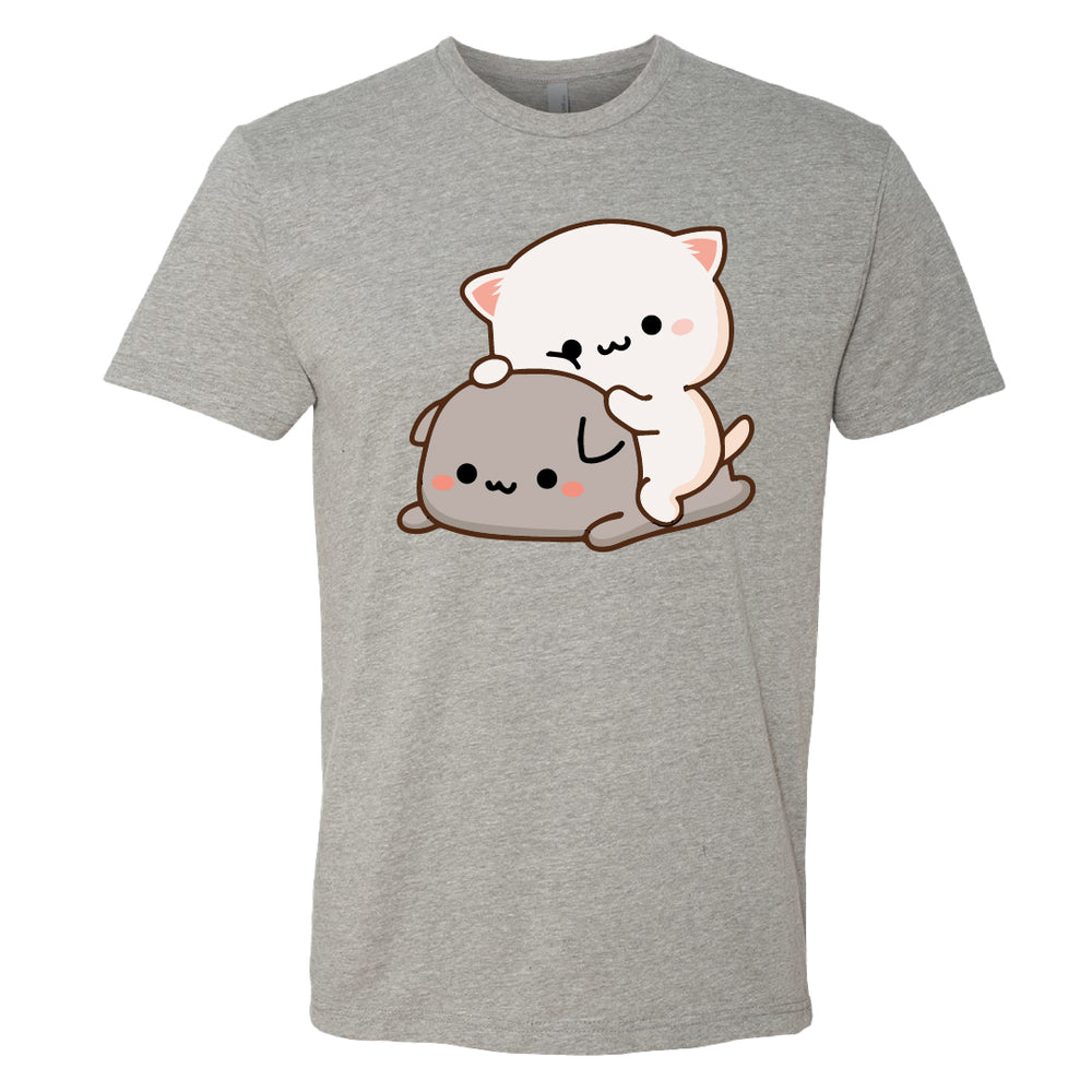 Men’s Peach & Goma Funny T-Shirt – Cute Mochi Peach Cat Graphic Tee – Mocha & Milk Lovers Shirt for Men – Premium Cotton Funny Cartoon Couple Tee