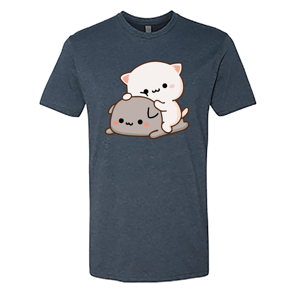 Men’s Peach & Goma Funny T-Shirt – Cute Mochi Peach Cat Graphic Tee – Mocha & Milk Lovers Shirt for Men – Premium Cotton Funny Cartoon Couple Tee