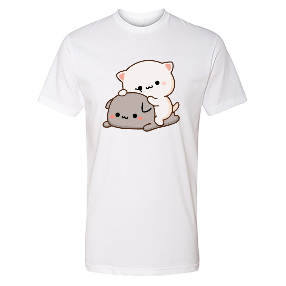 Men’s Peach & Goma Funny T-Shirt – Cute Mochi Peach Cat Graphic Tee – Mocha & Milk Lovers Shirt for Men – Premium Cotton Funny Cartoon Couple Tee
