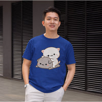 Men’s Peach & Goma Funny T-Shirt – Cute Mochi Peach Cat Graphic Tee – Mocha & Milk Lovers Shirt for Men – Premium Cotton Funny Cartoon Couple Tee