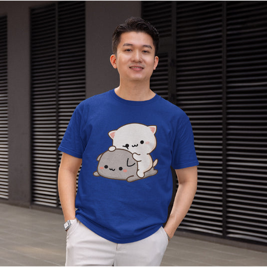 Men’s Peach & Goma Funny T-Shirt – Cute Mochi Peach Cat Graphic Tee – Mocha & Milk Lovers Shirt for Men – Premium Cotton Funny Cartoon Couple Tee