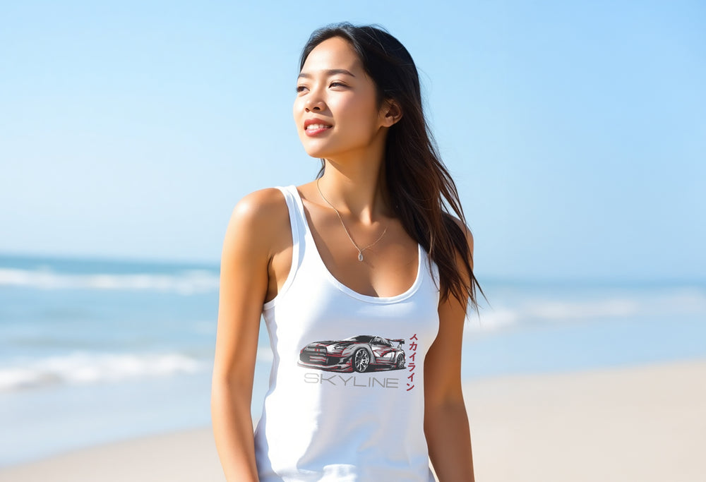 Nissan Skyline Women’s Racerback Tanks – Lightweight, Fitted Tank Tops in Hot Pink, Tahiti Blue, White | Sizes Small to 2XL