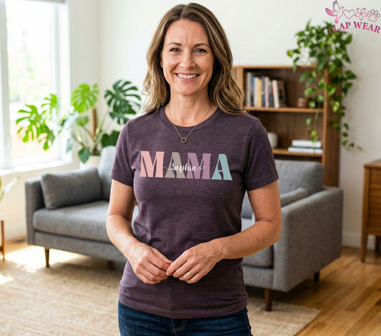 Personalized Mama Shirt, Birthday Gift for Mom, Custom Script Name Shirt, Aesthetic Mama Tee, Mother's Day Shirt from Kids, Heather Purple Mama Shirt