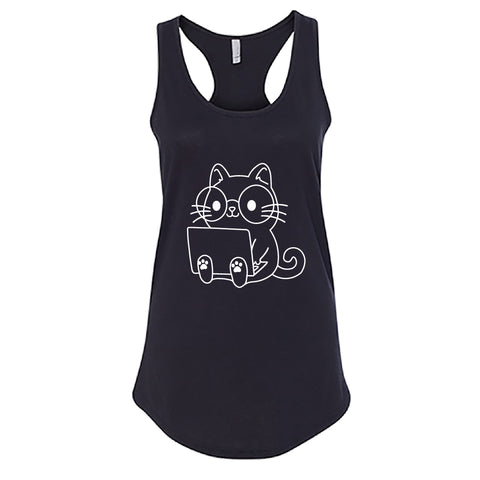 Women’s Racerback Tank Top – Cute Cat with Laptop Graphic