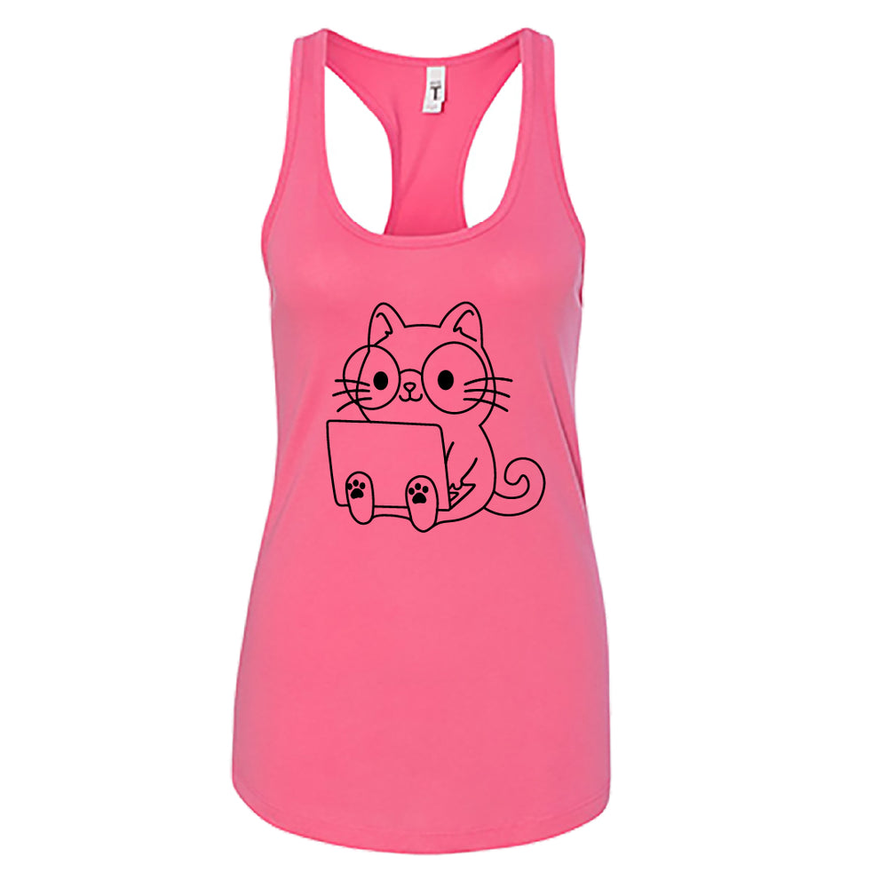 Women’s Racerback Tank Top – Cute Cat with Laptop Graphic