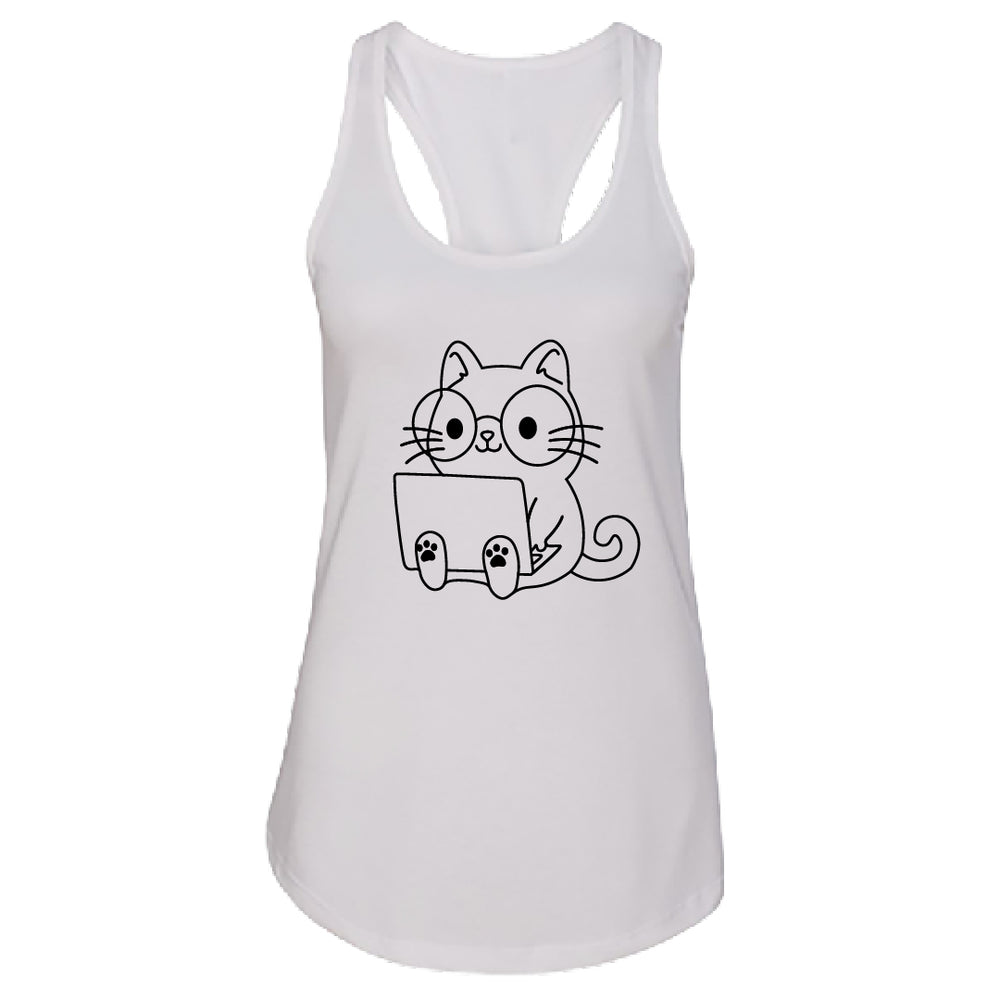 Women’s Racerback Tank Top – Cute Cat with Laptop Graphic