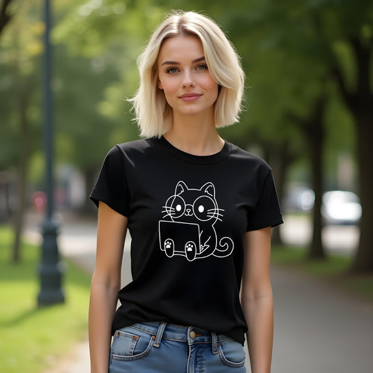 Women’s Cute Cat with Laptop Graphic T-Shirt – Fun & Playful Tee for Cat Lovers