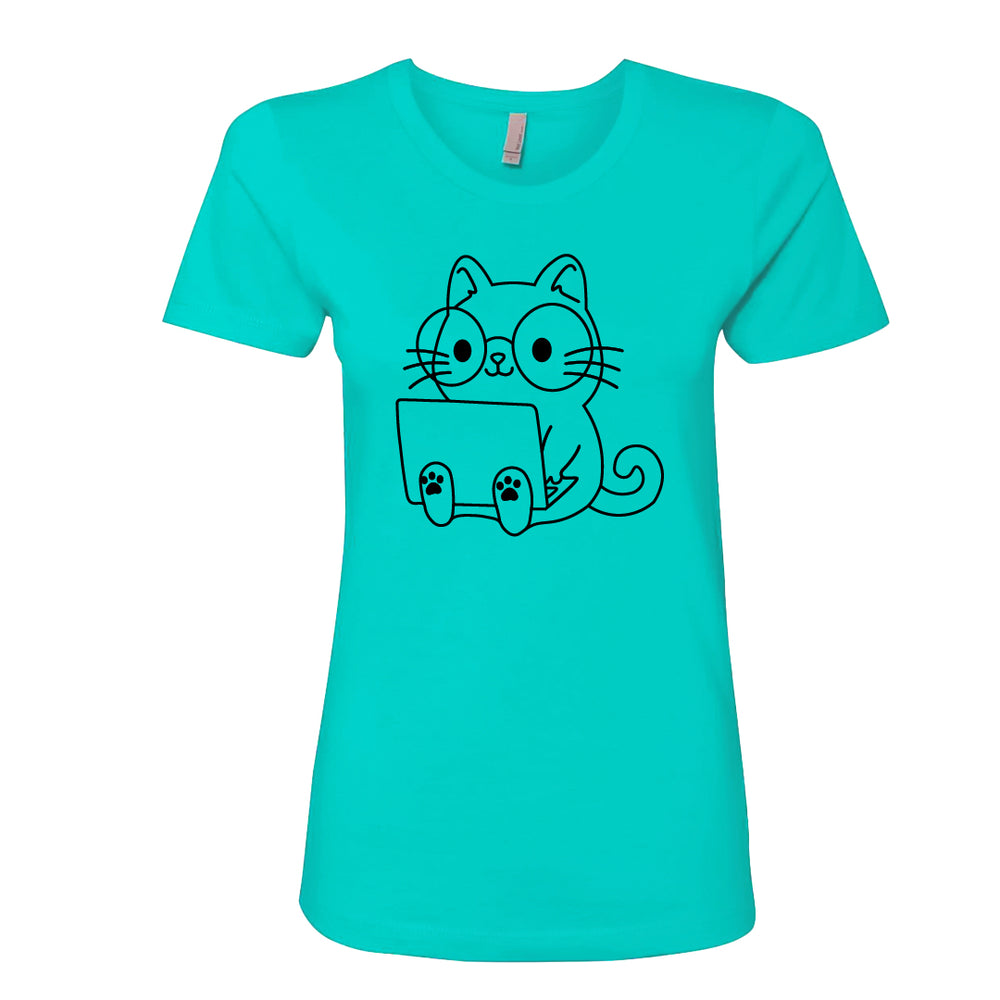 Women’s Cute Cat with Laptop Graphic T-Shirt – Fun & Playful Tee for Cat Lovers