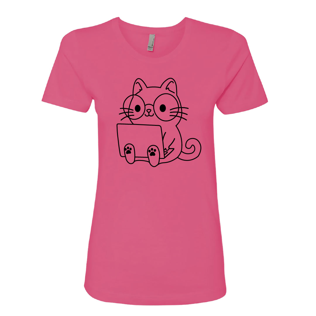 Women’s Cute Cat with Laptop Graphic T-Shirt – Fun & Playful Tee for Cat Lovers