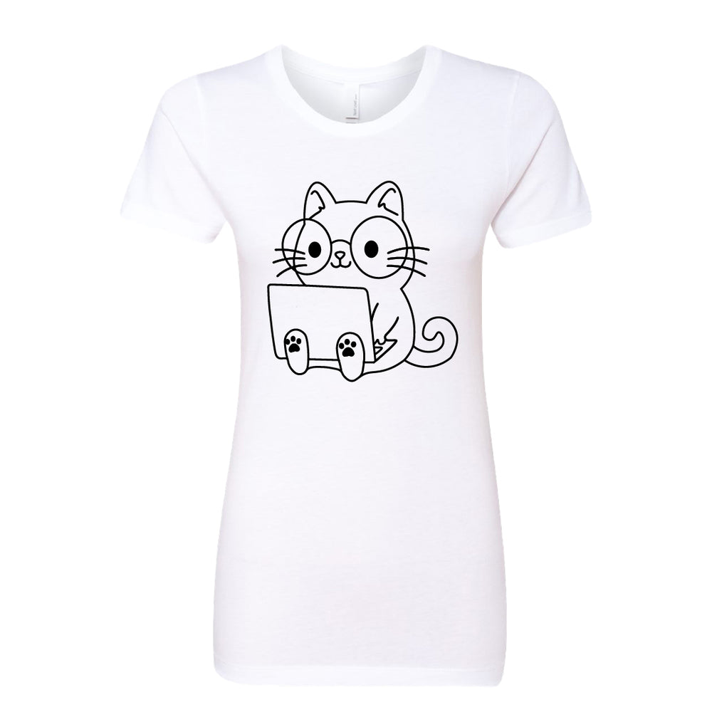 Women’s Cute Cat with Laptop Graphic T-Shirt – Fun & Playful Tee for Cat Lovers