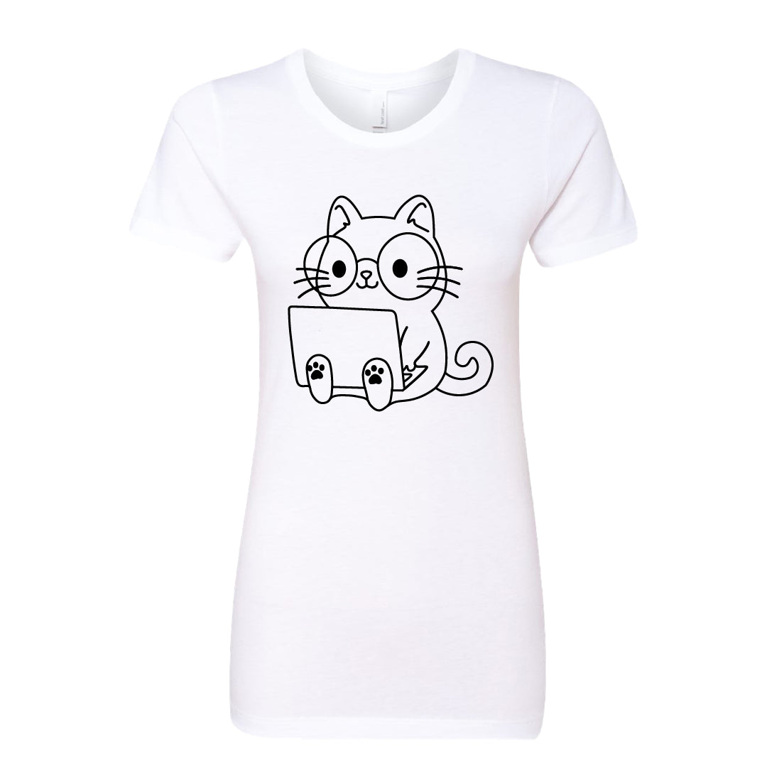 Women’s Cute Cat with Laptop Graphic T-Shirt – Fun & Playful Tee for Cat Lovers