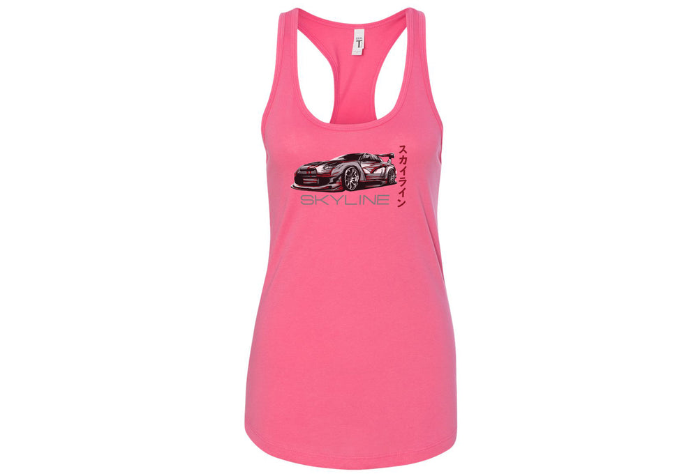 Nissan Skyline Women’s Racerback Tanks – Lightweight, Fitted Tank Tops in Hot Pink, Tahiti Blue, White | Sizes Small to 2XL