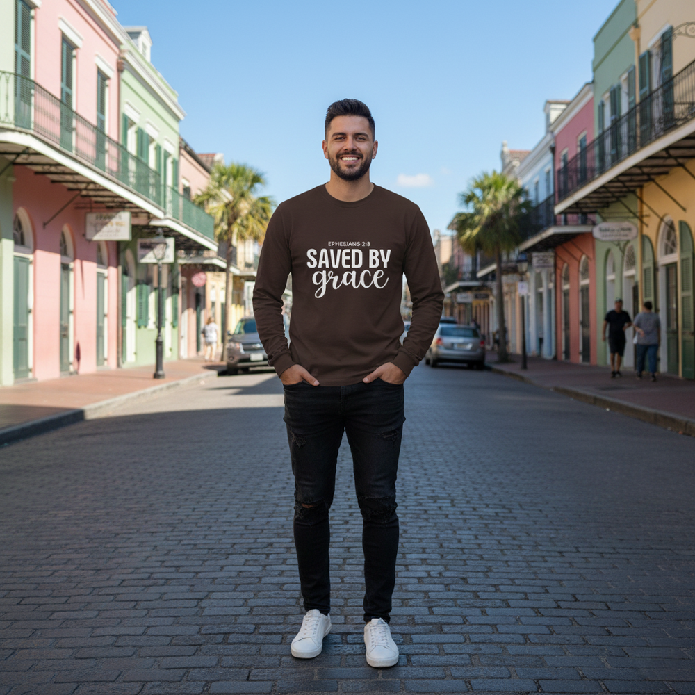 Saved by Grace Long Sleeve T-Shirt | Ephesians 2:8 Scripture Faith Tee | Men's Christian Apparel By Gildan2400