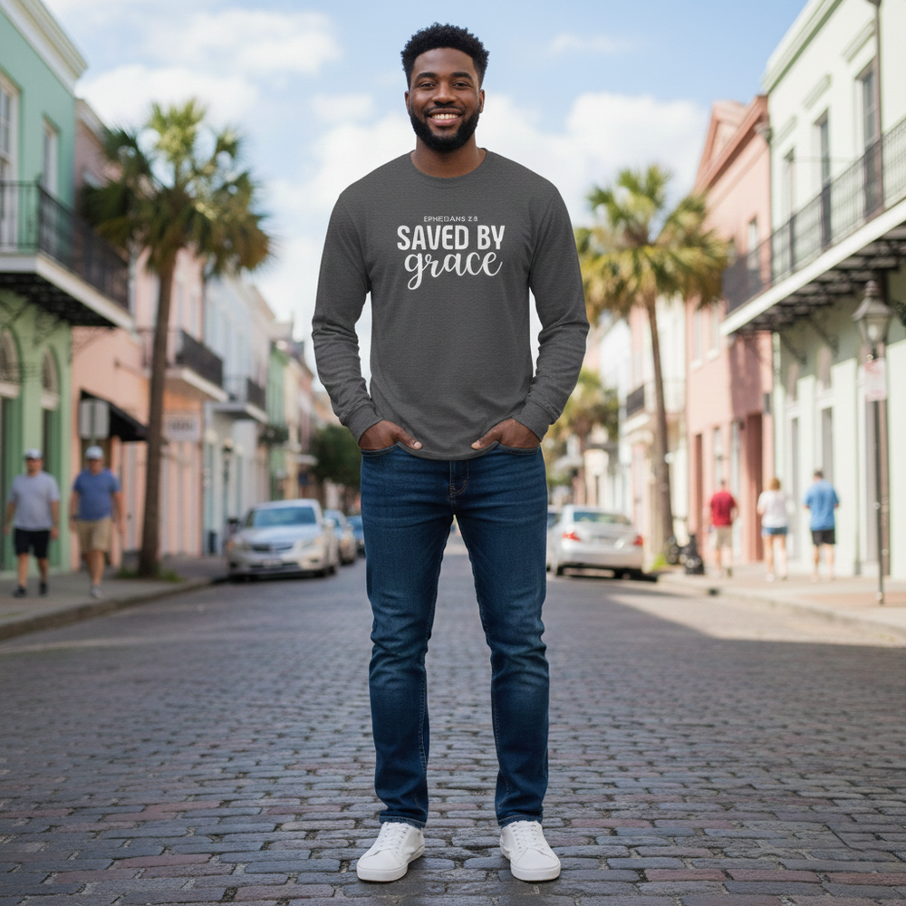 Saved by Grace Long Sleeve T-Shirt | Ephesians 2:8 Scripture Faith Tee | Men's Christian Apparel By Gildan2400