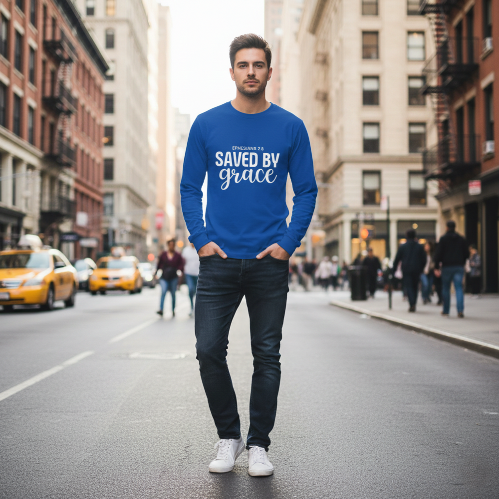 Saved by Grace Long Sleeve T-Shirt | Ephesians 2:8 Scripture Faith Tee | Men's Christian Apparel By Gildan2400