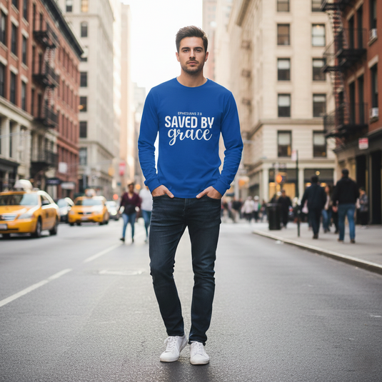 Saved by Grace Long Sleeve T-Shirt | Ephesians 2:8 Scripture Faith Tee | Men's Christian Apparel By Gildan2400