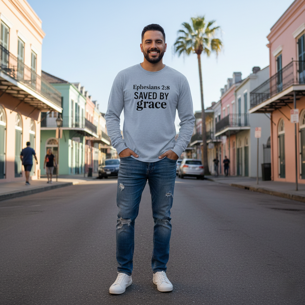 Saved by Grace Long Sleeve T-Shirt | Ephesians 2:8 Scripture Faith Tee | Men's Christian Apparel By Gildan2400