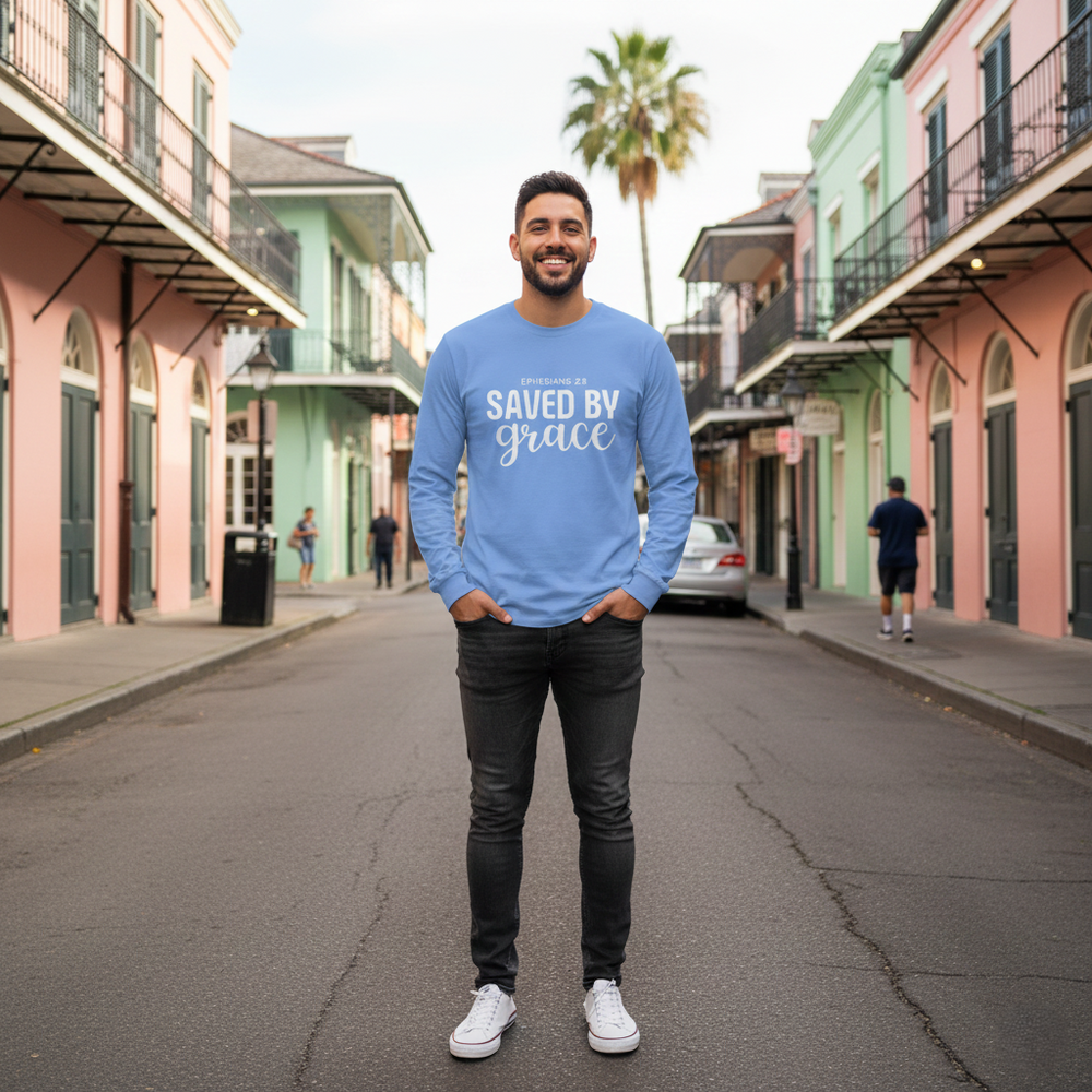 Saved by Grace Long Sleeve T-Shirt | Ephesians 2:8 Scripture Faith Tee | Men's Christian Apparel By Gildan2400