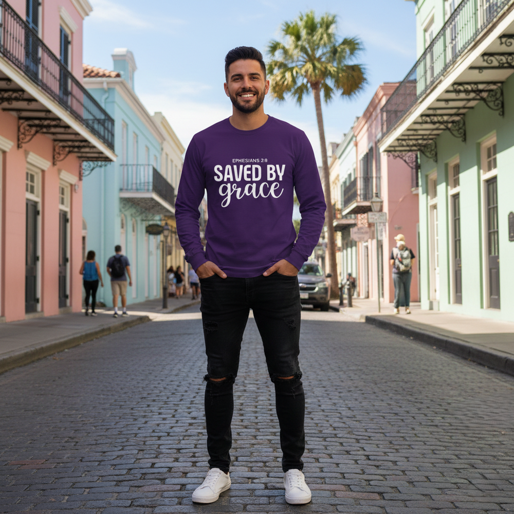 Saved by Grace Long Sleeve T-Shirt | Ephesians 2:8 Scripture Faith Tee | Men's Christian Apparel By Gildan2400