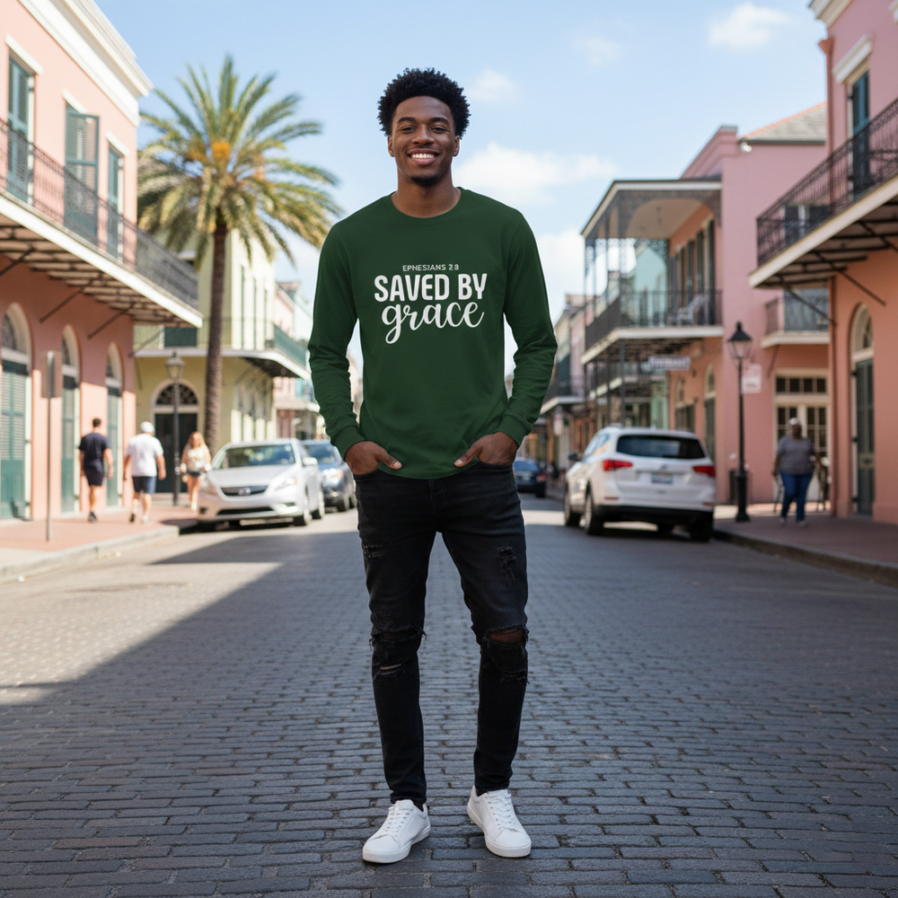 Saved by Grace Long Sleeve T-Shirt | Ephesians 2:8 Scripture Faith Tee | Men's Christian Apparel By Gildan2400