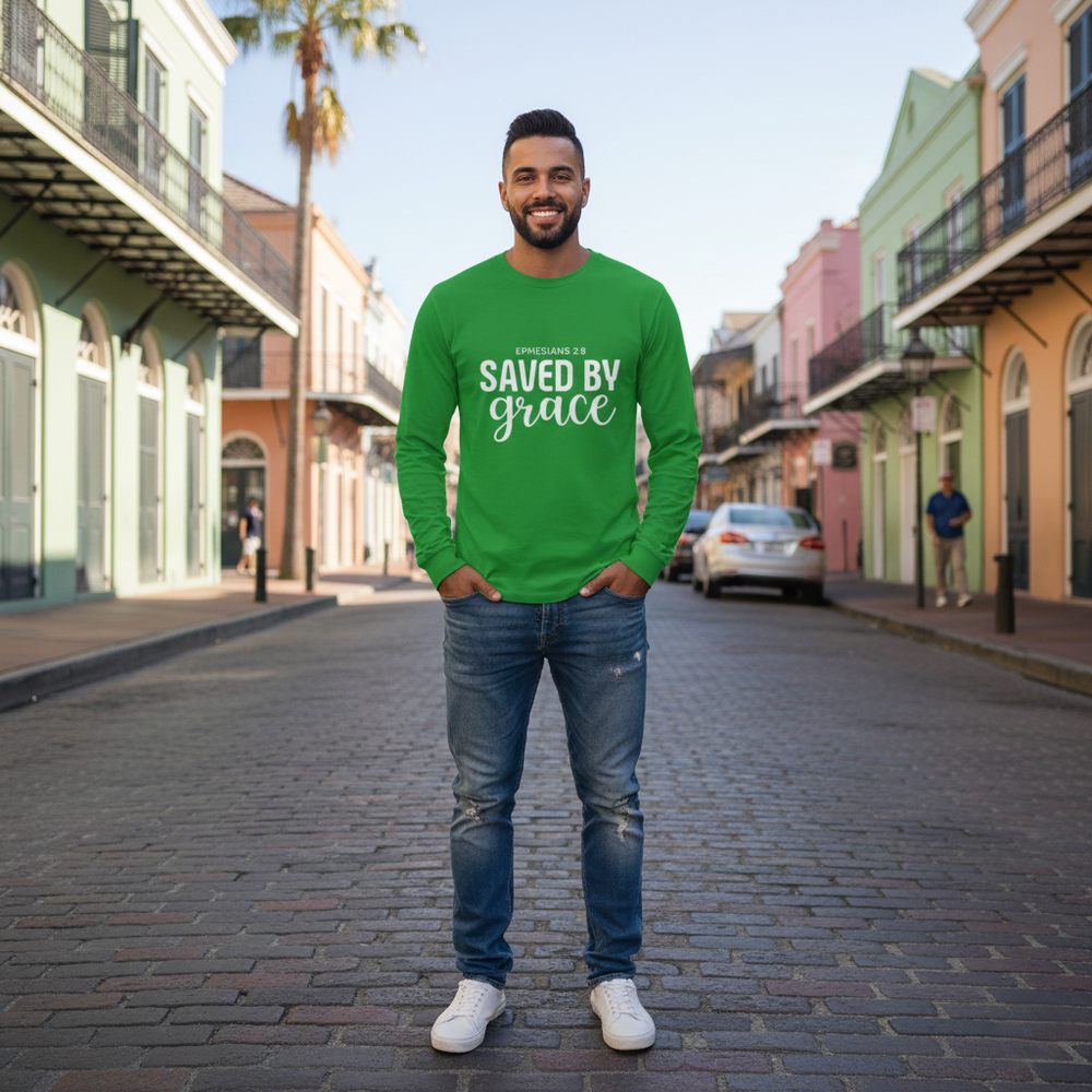 Saved by Grace Long Sleeve T-Shirt | Ephesians 2:8 Scripture Faith Tee | Men's Christian Apparel By Gildan2400