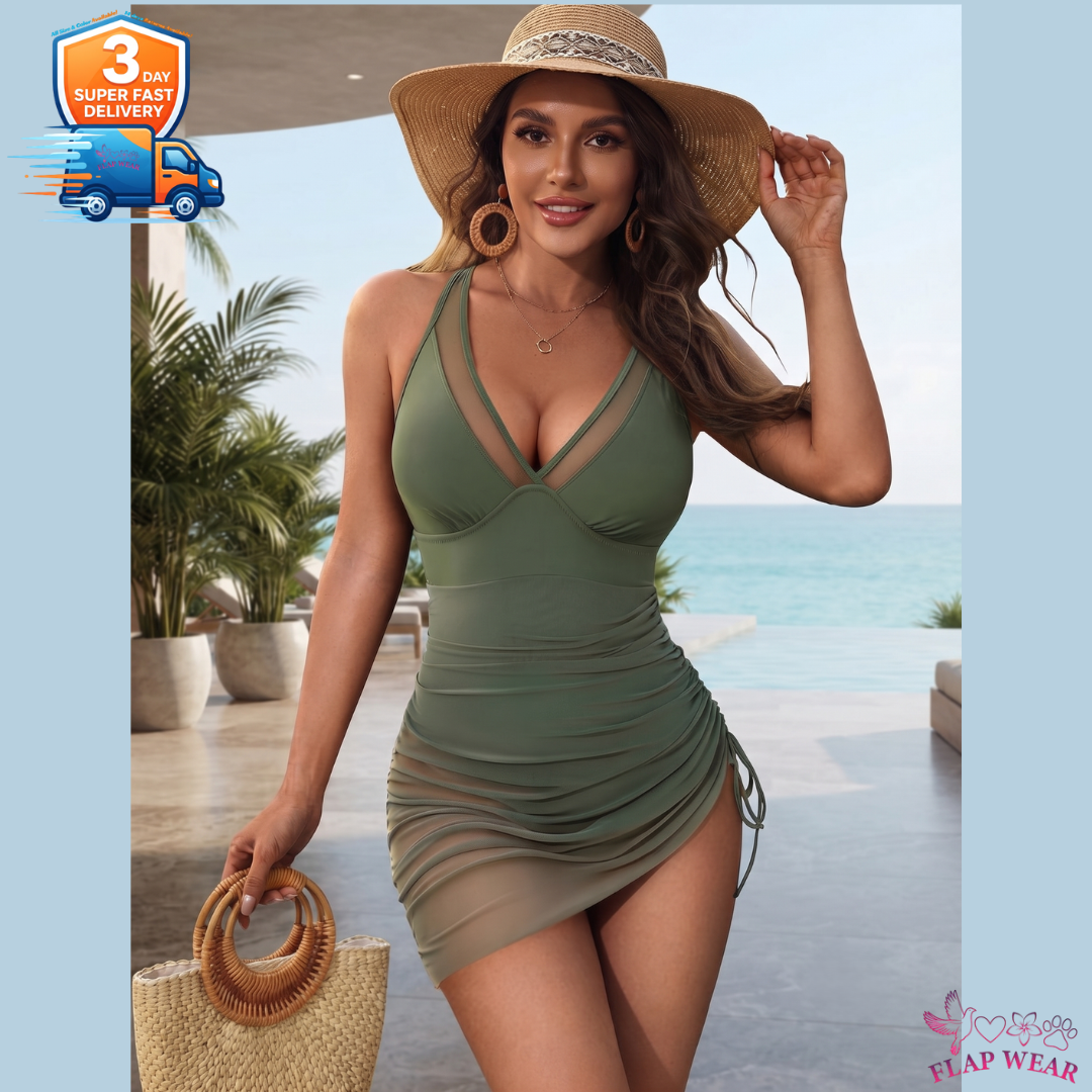 Women’s Slim-Fit One-Piece Swimsuit with Tummy Control – Deep V-Neck Mesh Detail & Adjustable Ruched Skirt Cover-Up