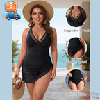 Women’s Slim-Fit One-Piece Swimsuit with Tummy Control – Deep V-Neck Mesh Detail & Adjustable Ruched Skirt Cover-Up