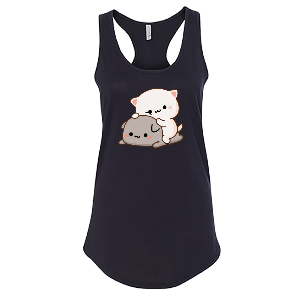 Women’s Peach & Goma Funny Tank Top – Cute Mochi Peach Cat Racerback – Kawaii Mocha & Milk Lovers Sleeveless Tee – Soft Summer Graphic Top for Her