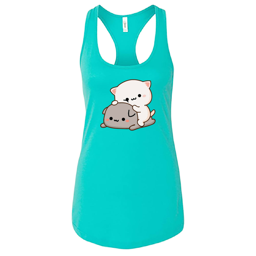 Women’s Peach & Goma Funny Tank Top – Cute Mochi Peach Cat Racerback – Kawaii Mocha & Milk Lovers Sleeveless Tee – Soft Summer Graphic Top for Her
