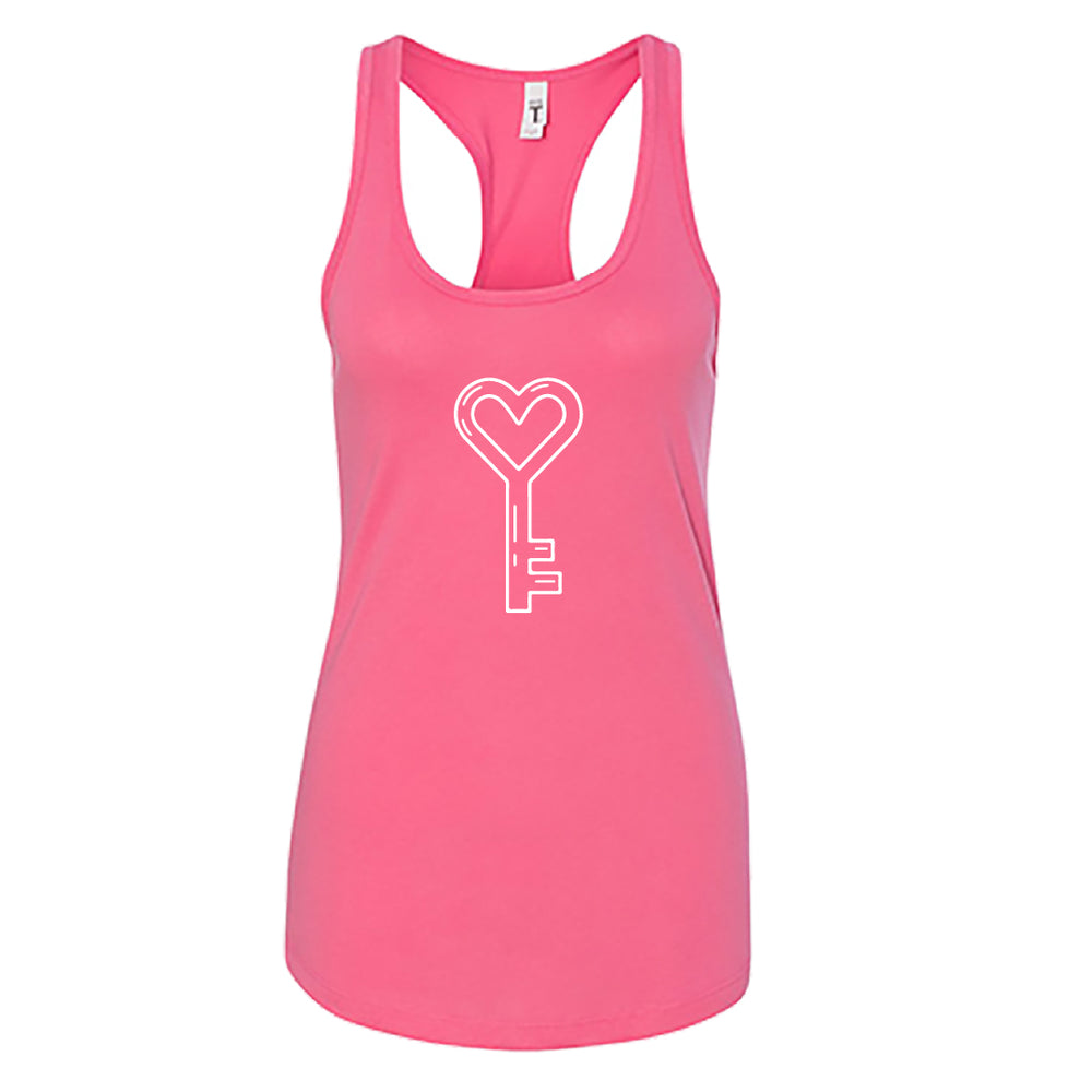 Women’s Heart Key Tank Top – Minimalist Heart-Shaped Key Graphic Racerback – Romantic Sleeveless Summer Tee – Trendy Lock and Key Couple Gift for Her