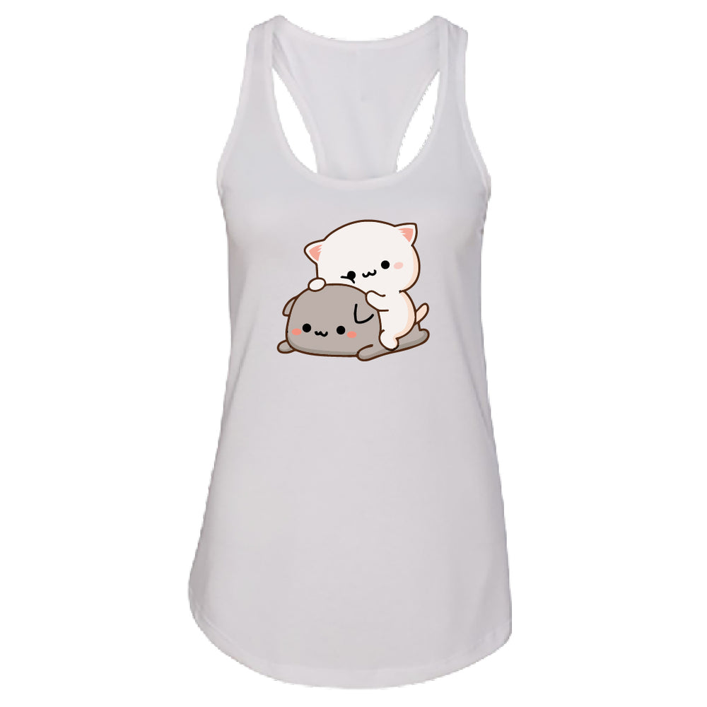 Women’s Peach & Goma Funny Tank Top – Cute Mochi Peach Cat Racerback – Kawaii Mocha & Milk Lovers Sleeveless Tee – Soft Summer Graphic Top for Her