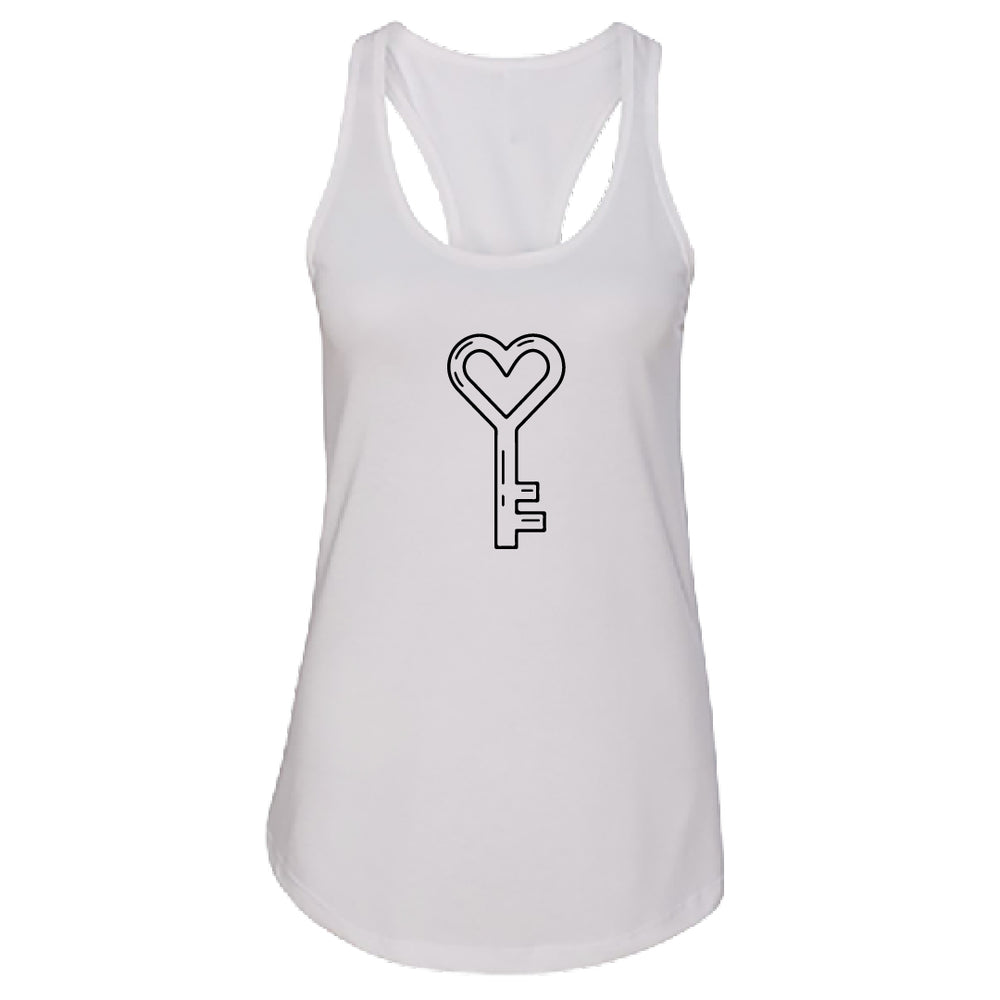 Women’s Heart Key Tank Top – Minimalist Heart-Shaped Key Graphic Racerback – Romantic Sleeveless Summer Tee – Trendy Lock and Key Couple Gift for Her