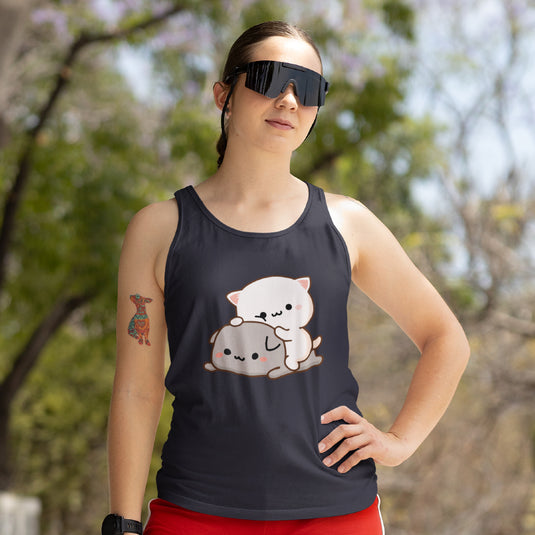 Women’s Peach & Goma Funny Tank Top – Cute Mochi Peach Cat Racerback – Kawaii Mocha & Milk Lovers Sleeveless Tee – Soft Summer Graphic Top for Her