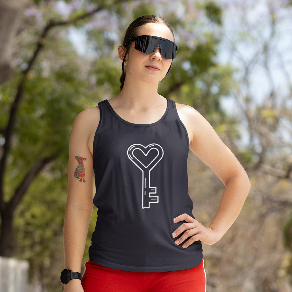 Women’s Heart Key Tank Top – Minimalist Heart-Shaped Key Graphic Racerback – Romantic Sleeveless Summer Tee – Trendy Lock and Key Couple Gift for Her