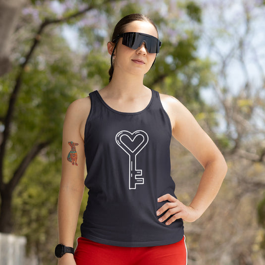 Women’s Heart Key Tank Top – Minimalist Heart-Shaped Key Graphic Racerback – Romantic Sleeveless Summer Tee – Trendy Lock and Key Couple Gift for Her