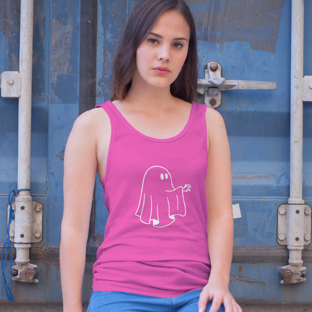 Women’s Cartoon Ghost Tank Top – Cute Spooky Graphic Racerback – Soft Cotton Minimalist Ghost Sleeveless Tee – Trendy Halloween & Gym Wear