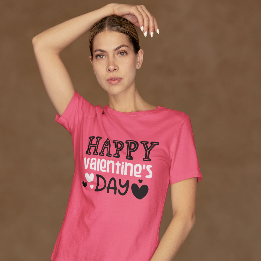 Women’s Happy Valentine’s Day T-Shirt – Pink Script & Heart Graphic Tee – Soft Cotton Festive Holiday Top