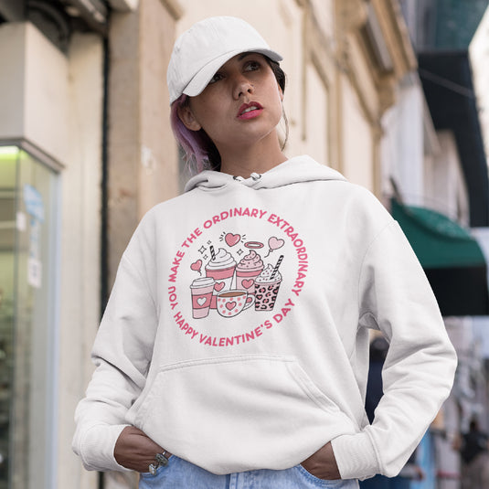 Unisex Happy Valentine’s Day Hoodie – Modern Pink Script Graphic Pullover – Premium Fleece Holiday Sweatshirt