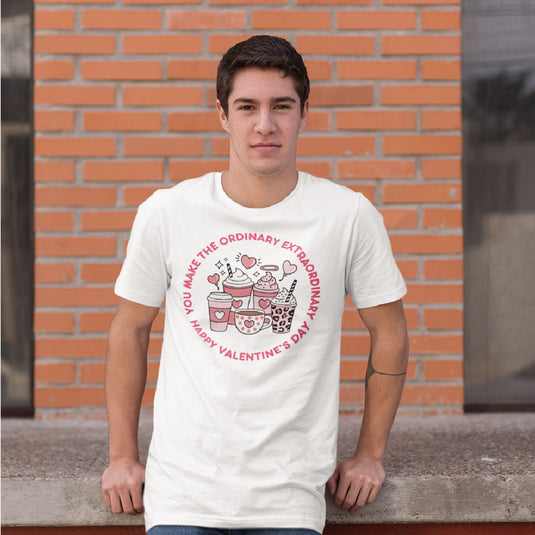 Men’s Happy Valentine’s Day T-Shirt – Modern Typography Graphic Tee – Soft Cotton Men’s Holiday Shirt with Pink Script