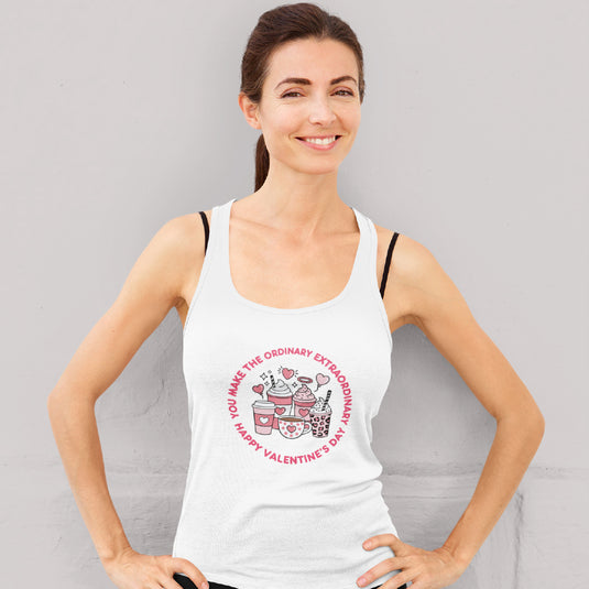 Women’s Happy Valentine’s Day Tank Top – Modern Pink Script Graphic Racerback – Soft Cotton Sleeveless Holiday Shirt
