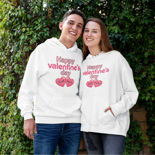 Unisex Happy Valentine’s Day Hoodie – Modern Pink Script Graphic Pullover – Premium Fleece Holiday Sweatshirt