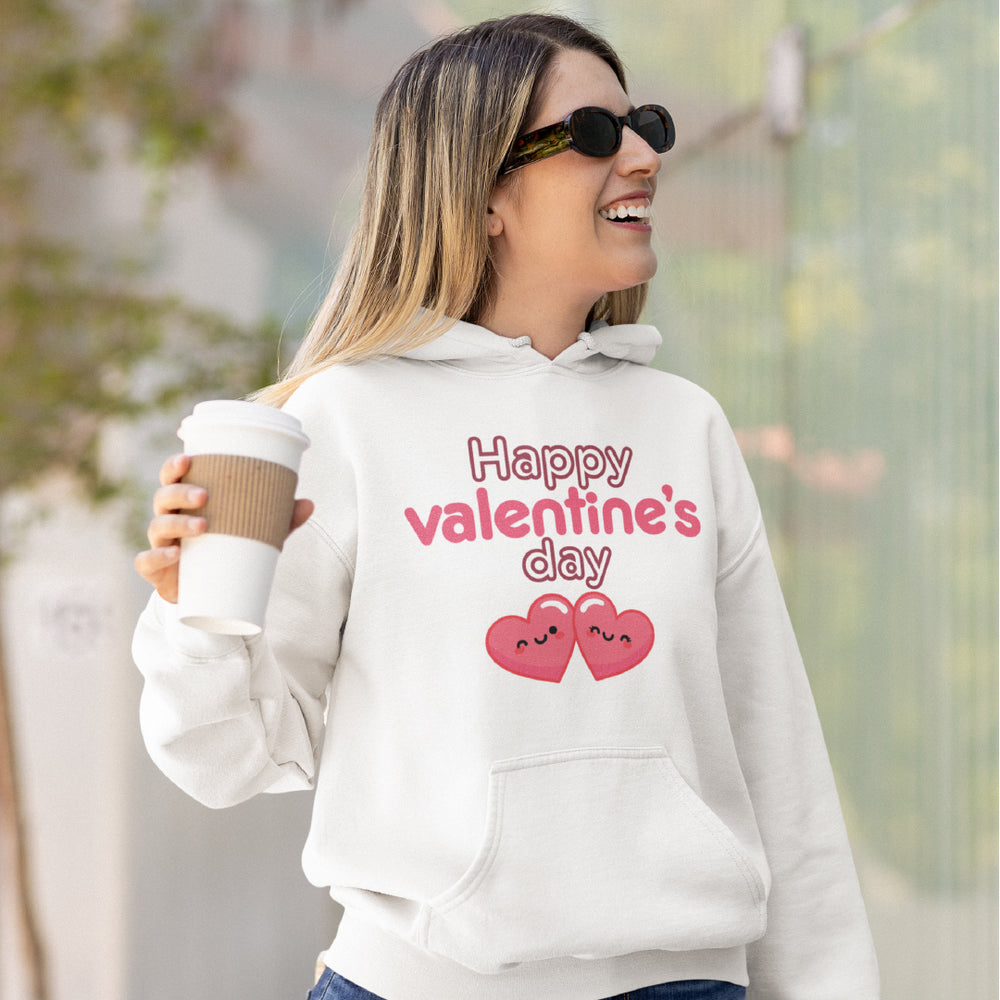 Unisex Happy Valentine’s Day Hoodie – Modern Pink Script Graphic Pullover – Premium Fleece Holiday Sweatshirt