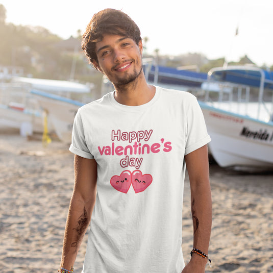Men’s Happy Valentine’s Day T-Shirt – Modern Typography Graphic Tee – Soft Cotton Holiday Shirt with Pink Script