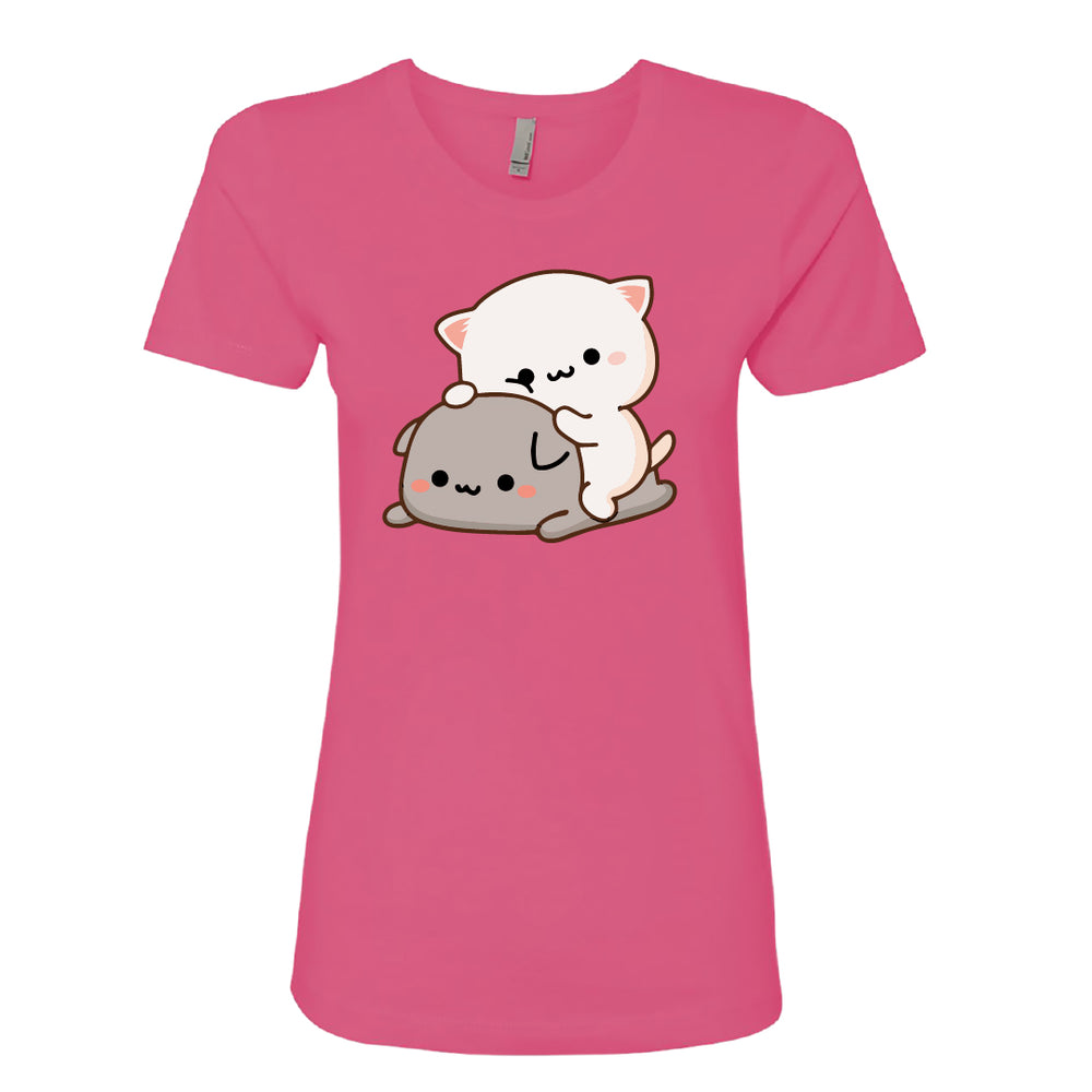 SEO Product Title Women’s Peach & Goma Funny T-Shirt – Cute Mochi Peach Cat Graphic Tee – Kawaii Mocha & Milk Lovers Shirt – Soft Cotton Romantic Cartoon Tee for Her