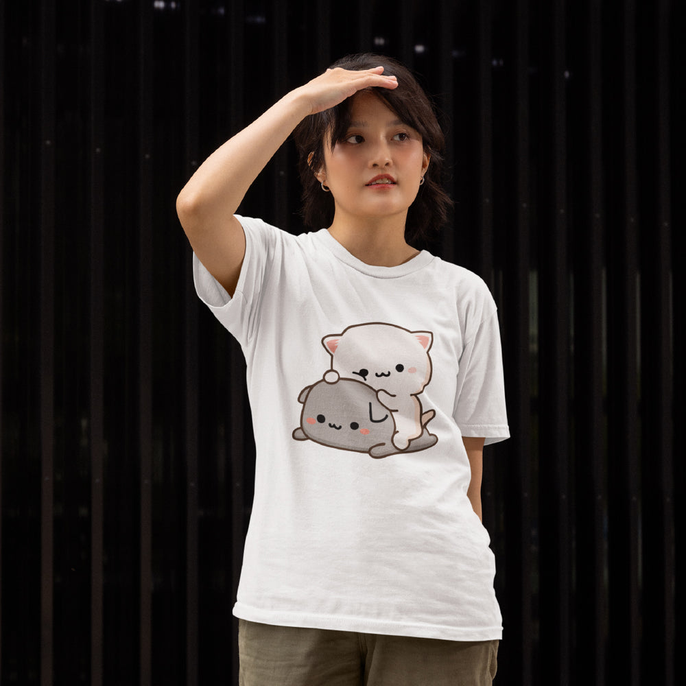 SEO Product Title Women’s Peach & Goma Funny T-Shirt – Cute Mochi Peach Cat Graphic Tee – Kawaii Mocha & Milk Lovers Shirt – Soft Cotton Romantic Cartoon Tee for Her
