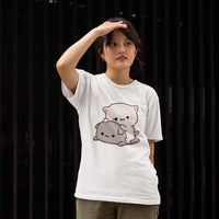 SEO Product Title Women’s Peach & Goma Funny T-Shirt – Cute Mochi Peach Cat Graphic Tee – Kawaii Mocha & Milk Lovers Shirt – Soft Cotton Romantic Cartoon Tee for Her